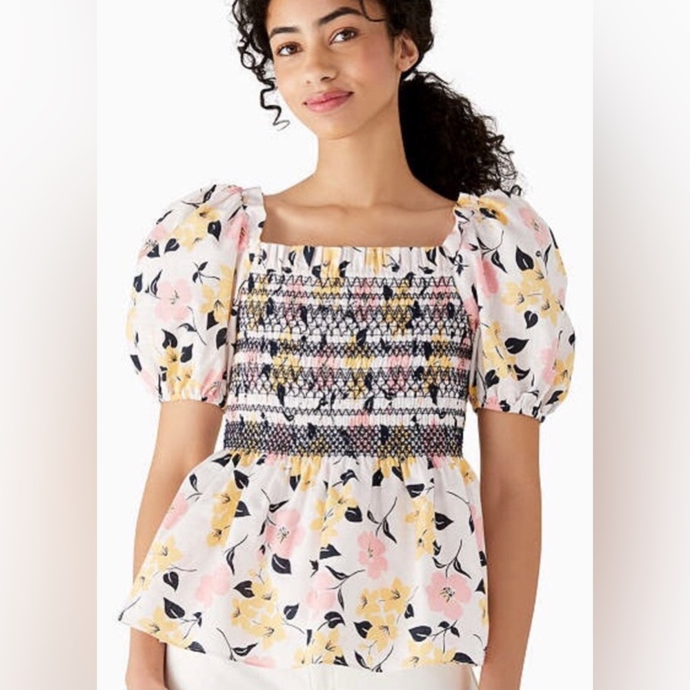 NWT KATE SPADE Lilly Blooms Floral Smocked Puff Sleeve Top XL